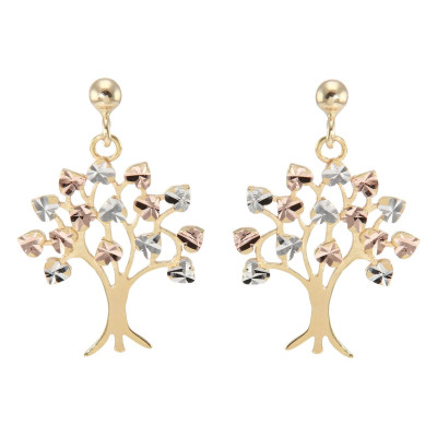 Boucles d'oreilles pendantes 3 ors 375 Arbre de vie