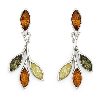 Boucles d'oreilles Pendantes Ambre Multicolore et Argent 925