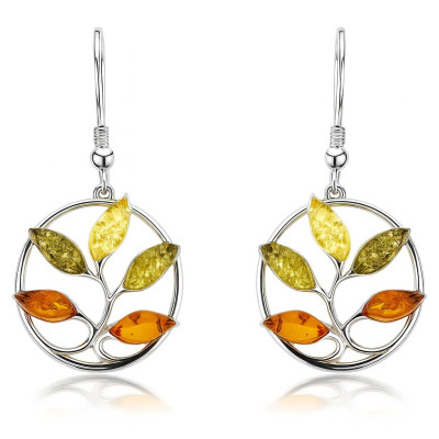 Boucles d'oreilles pendantes Arbre de Vie en Argent et Ambre Multicolore