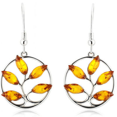 Boucles d'oreilles pendantes Arbre de Vie en Argent et Ambre