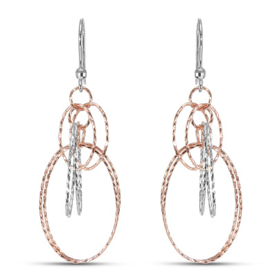 Boucles d'oreilles pendantes Argent 925 Anneaux ovales ciselés 2 tons