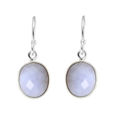 Boucles d'oreilles Pendantes Argent 925 Calcédoine Bleue Facettée  Ovale 12x10mm