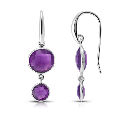 Boucles d'oreilles Pendantes Argent 925 et Améthystes rondes