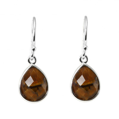 Boucles d'oreilles Pendantes Argent 925 Oeil de Tigre Poire facetté 9x7mm