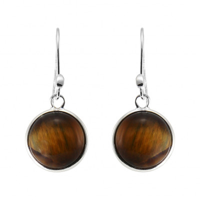 Boucles d'oreilles Pendantes Argent 925 Oeil de Tigre Rond 12mm