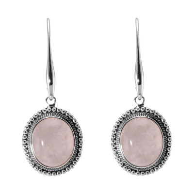 Boucles d'oreilles Pendantes Argent 925 Quartz Rose Ovale 14x12mm