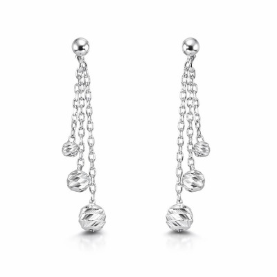 Boucles d'oreilles pendantes Argent 925 rhodié 3 chaînettes boules ciselées