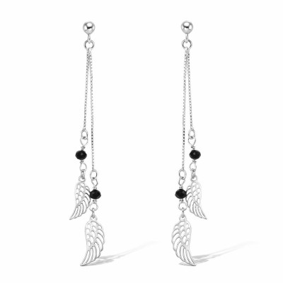 Boucles d'oreilles pendantes Argent 925 rhodié Ailes et pierres noires