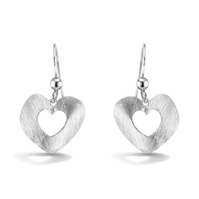 Boucles d'oreilles pendantes Argent 925 rhodié Coeur brossé