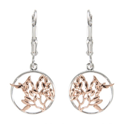 Boucles d'oreilles Pendantes Argent 925 Rhodié et Rosé Arbre et Oiseau