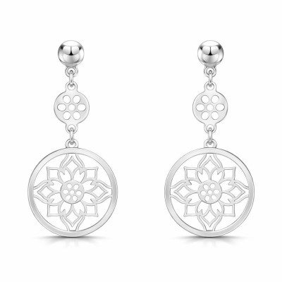 Boucles d'oreilles pendantes Argent 925 rhodié Fleur dans un cercle