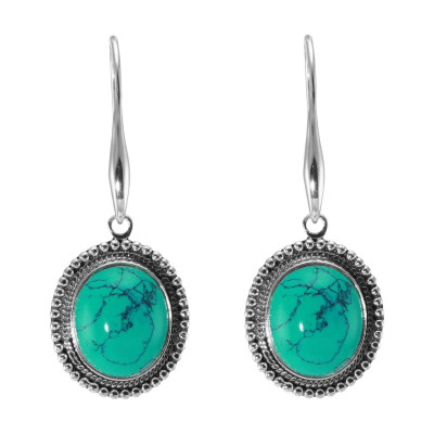 Boucles d'oreilles Pendantes Argent 925 Turquoise Reconstituée   Ovale 14x12mm