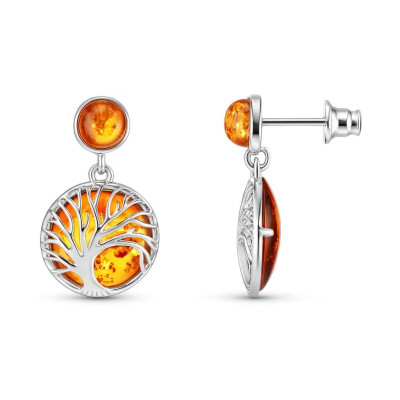 Boucles d'oreilles pendantes Argent Arbre de vie et Ambre