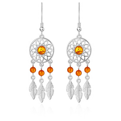 Boucles d'oreilles pendantes argent attrape rêve et ambre