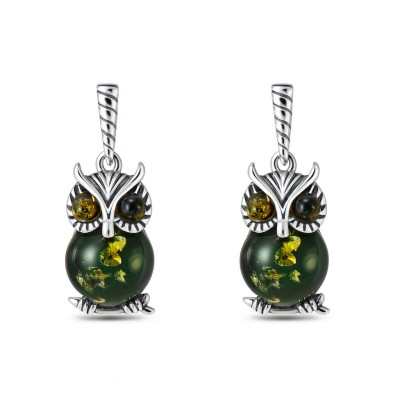 Boucles d'oreilles pendantes argent chouette et ambre verte