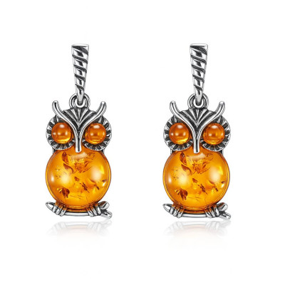 Boucles d'oreilles pendantes argent chouette et ambre 