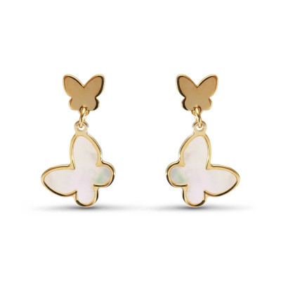 Boucles d'oreilles Pendantes Argent Doré Papillon et Nacre