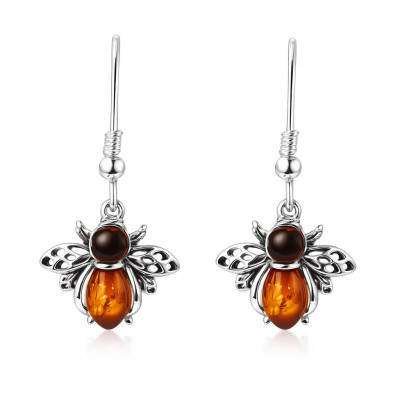 Boucles d'oreilles pendantes argent et ambre abeille