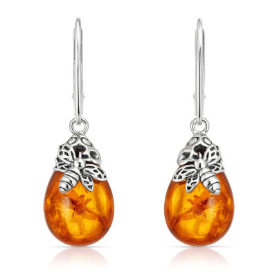 Boucles d'oreilles pendantes argent et ambre abeille