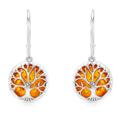 Boucles d'oreilles pendantes argent et ambre arbre de vie