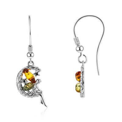 Boucles d'oreilles pendantes argent et ambre fée sur la lune