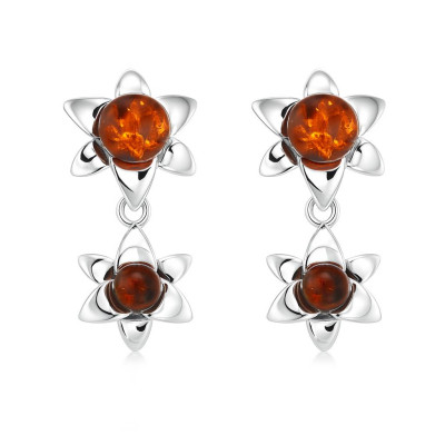 Boucles d'oreilles pendantes argent et ambre fleur