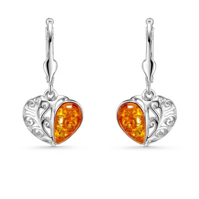 Boucles d'oreilles pendantes Argent et Ambre Forme Coeur