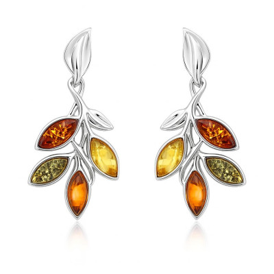 Boucles d'oreilles pendantes Argent et Ambre Multicolore