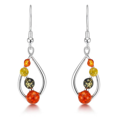 Boucles d'oreilles pendantes Argent et Ambre multicolore