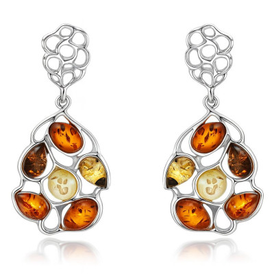 Boucles d'oreilles pendantes argent et ambre multicolore