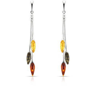 Boucles d'oreilles pendantes Argent et Ambre Multicolore
