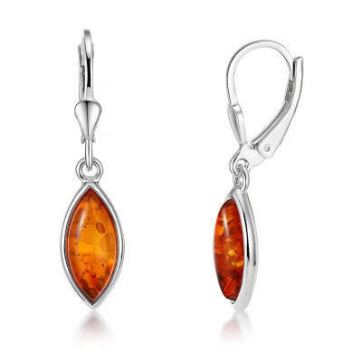 Boucles d'oreilles Pendantes Argent et Ambre Navette 13x6mm