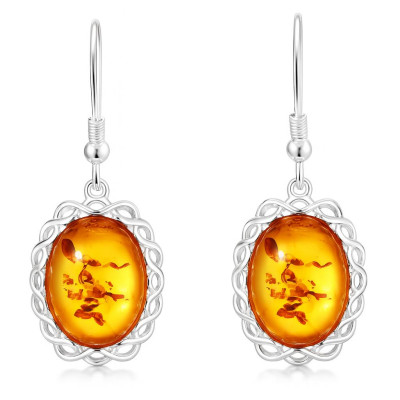 Boucles d'oreilles pendantes argent et ambre ovale de 10x14mm