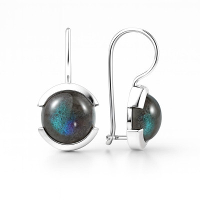 Boucles d'oreilles Pendantes Argent Labradorite Ronde 10mm