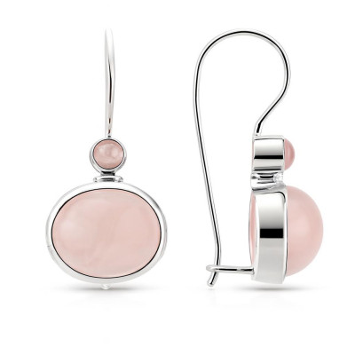 Boucles d'oreilles  Pendantes Argent Quartz Rose Rond
