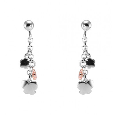 Boucles d'oreilles pendantes argent rhodié 2 tons fleurs et papillon