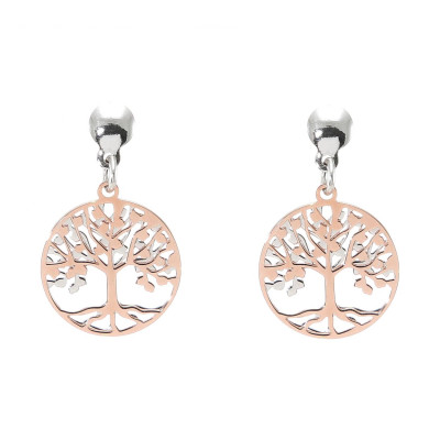 Boucles d'oreilles pendantes argent rhodié arbre de vie 2 tons