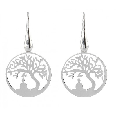 Boucles d'oreilles pendantes argent rhodié arbre de vie et Bouddha 20mm