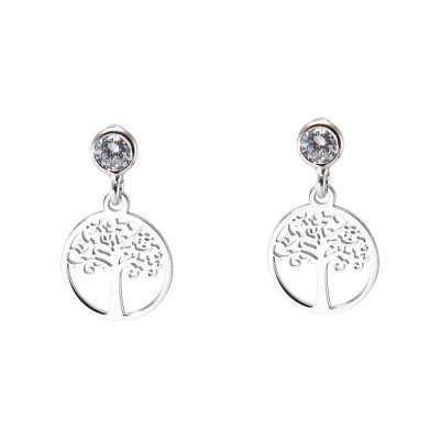 Boucles d'oreilles pendantes argent rhodié arbre de vie et oxyde de zirconium