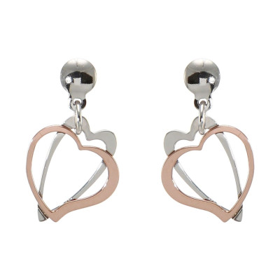 Boucles d'oreilles pendantes argent rhodié coeurs 2 tons