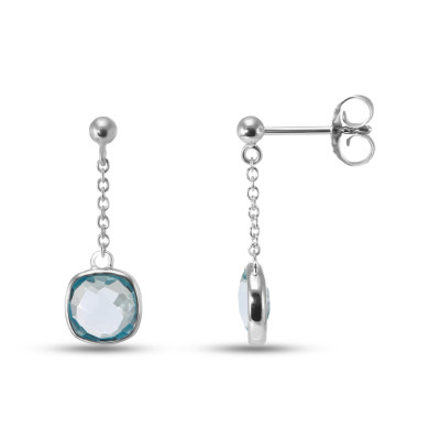 Boucles d'oreilles Pendantes Argent Rhodié Topaze bleue coussin