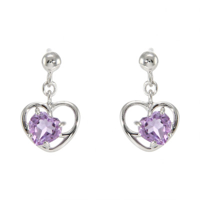 Boucles d'oreilles Pendantes Coeur en Argent 925 Rhodié et Améthyste