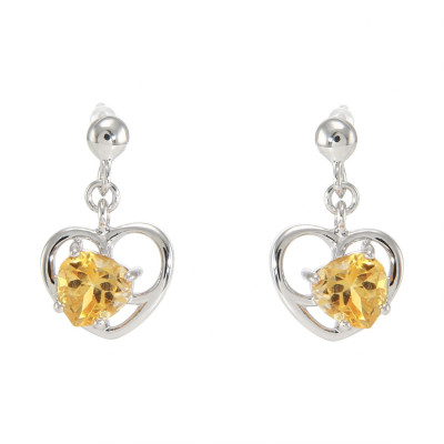 Boucles d'oreilles Pendantes Coeur en Argent 925 Rhodié et Citrine