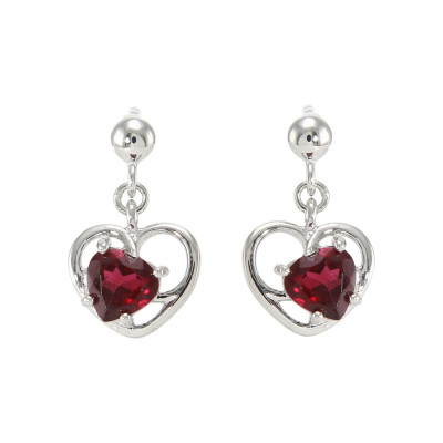 Boucles d'oreilles Pendantes Coeur en Argent 925 Rhodié et Grenat