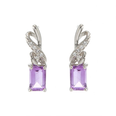 Boucles d'oreilles Pendantes en Argent 925 Rhodié Améthyste Rectangulaire de 6x4mm et Oxydes