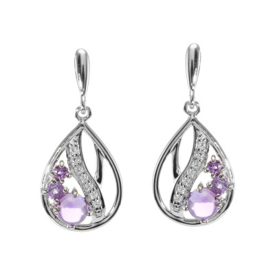 Boucles d'oreilles Pendantes en Argent 925 Rhodié Améthyste Rondes et Oxydes