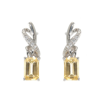Boucles d'oreilles Pendantes en Argent 925 Rhodié Citrine Rectangulaire de 6x4mm et Oxydes