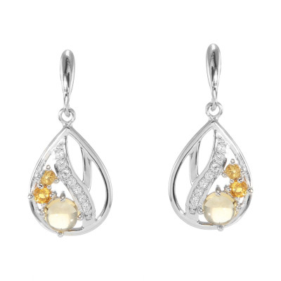 Boucles d'oreilles Pendantes en Argent 925 Rhodié Citrine Rondes et Oxydes