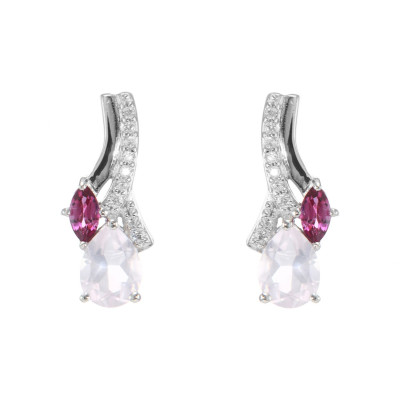 Boucles d'oreilles Pendantes en Argent 925 Rhodié Quartz Rose et Grenat