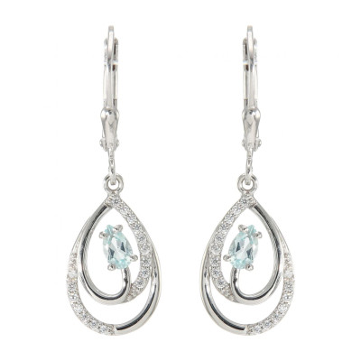 Boucles d'oreilles Pendantes en Argent 925 Rhodié Topaze bleue traitée Poire 5x3mm et Oxydes